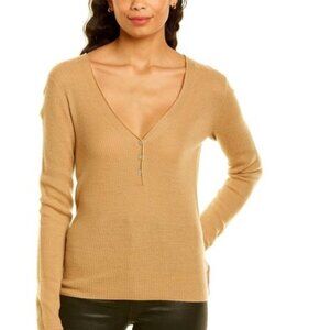 Vince Cashmere Long Sleeve V-Neck Henley in Camel, Size S